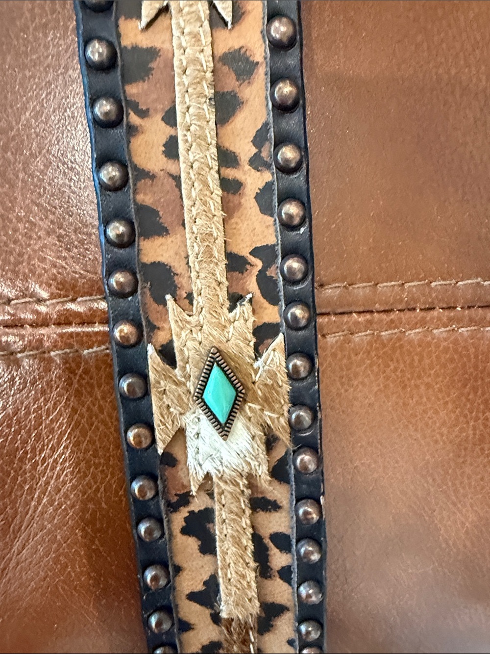 Nocona Brown Leopard Print Leather Belt with Calf Hide and Turquoise Accents - Picture 5 of 11